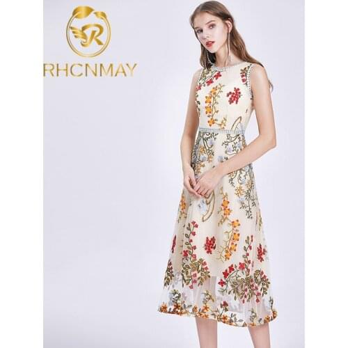 Elegant Patchwork Embroidery Women Dress 2020 Summer Sleeveless Vintage Mesh MIidi Dresses High Qulaity Runway Vestidos