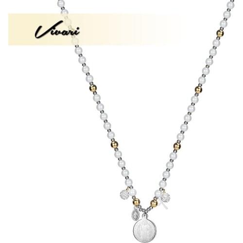 Vivari Womens Fashion Stainless Steel Pearl Necklace Beaded Round Pendant Necklace