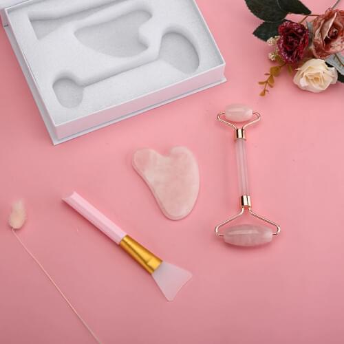 3pcs/set Jade Roller Face Slimming Massager Gua Sha Mask Brush Anti Aging Facial Massage Tool Rose Quartz Stone Board