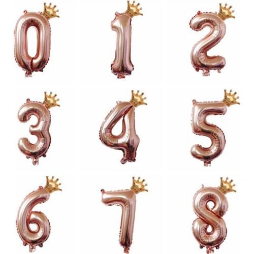 32Inch Rose gold Crown Number Foil Balloons Happy Birthday Party Decorations Kids Digit Air Globos Figure Balloon Wedding Decor