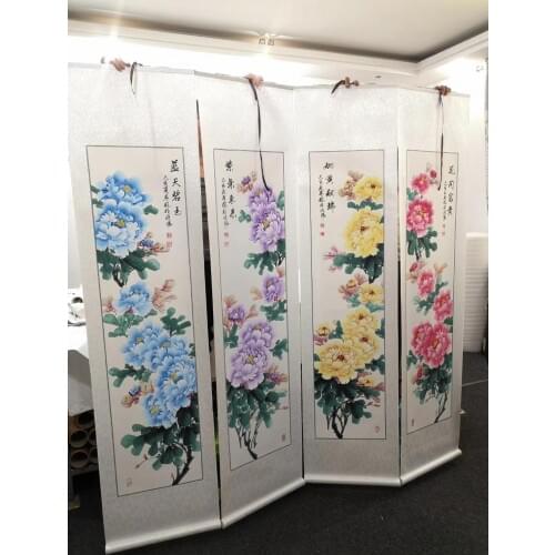 4PCS TOP business ART Home office WALL Decorative art Auspicious GOOD Luck Handpainted Rich Peony FLOWERS FENG SHUI ART painting