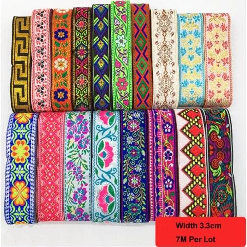 7M/Lot 3.5 CM High Quality Colorful Flower Lace Fabric Wedding Dress Lace Applique Gold Thread Embroidery Ribbon HB35