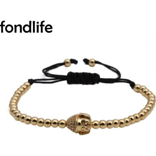 AAA White Cubic Zirconia Crystal Buddhas Head 4mm Copper Beads Bracelet Women Men CZ Buddhism Black Cord Macrame Jewelry Gift