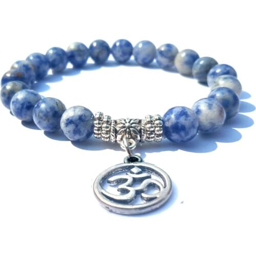 Handmade Stone Beads Strand Bracelet for Women Men Yoga OM Pendant 8mm White Blue Dot Beads Lucky Charm Bracelet