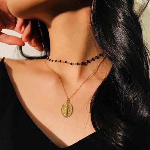 Beads Necklaces Virgin Mary Vintage Pendant Necklace Aesthetic Women Black Beads Chain Necklace Lady Jewelry Collares