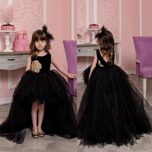 Black Hi Lo Tulle Lace Applique Princess Girl Dress Sleeveless Jewel Neck Wedding Party Flower Girl Gowns for Wedding