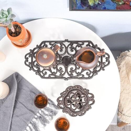Sungmor Cast Iron Teapot Warmer Dish Cups Heater Pot Trivet - Rustic & Graceful Pattern Design with Tealight Holder - Heavy Duty