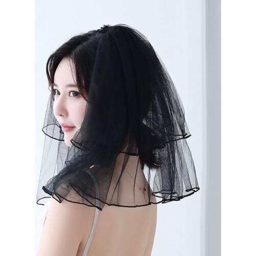 Gothic Bridal Puffy Small Veil with Combed Veil Black Tulle Dress Women 2 Layer Ribbon Edge Veil Bride Short Black Wedding Veils
