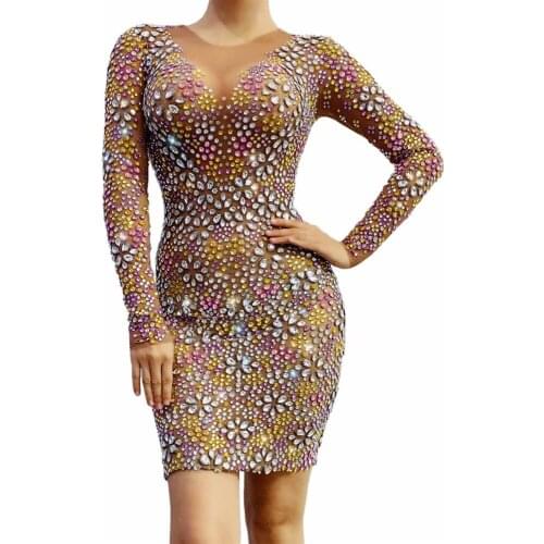 Multicolor Full Rhinestone Mesh Sexy Elastic Spandex Party Dress Evening Birthday Celebrate Dance Outfit See Though Dresses
