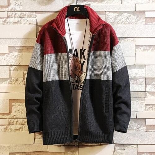 2019 New Autumn Mens Knitted Sweaters fashion Long sleeve stand Collar Male Cardigan stitching Sweaters casual Coat Brand Mens