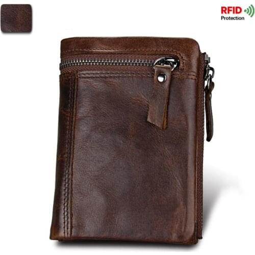 Mens Vintage Wallet RFID Blocking Crazy Horse Genuine Leather Short Wallets Casual Zipper Purse Money Clip Card Photo Holder