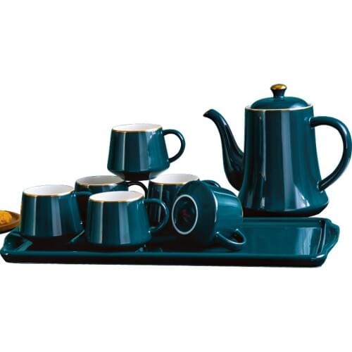 8 Pieces Tea Cup Set Luxury Peacock Green Ceramic Cup Suit with Tray Home Office Collection Kettle Suit Festival Gifts