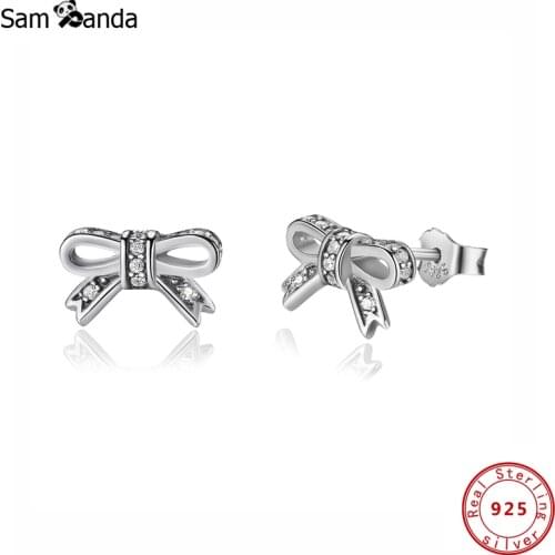 Original 100% 925 Sterling Silver Stud Earrings Sparkling Bow Earring CZ Earings Gold For Women Fine Jewelry