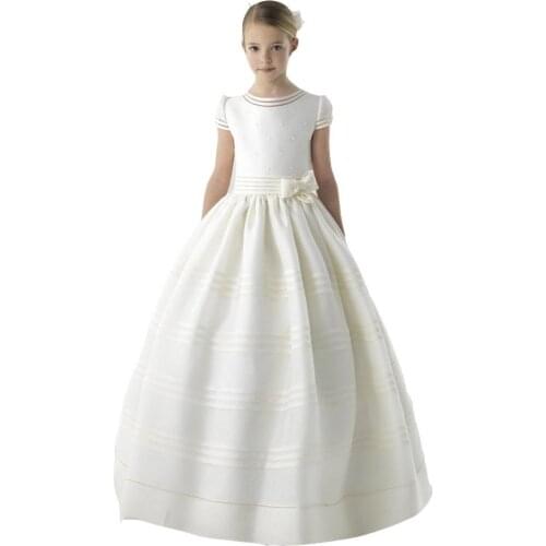 Puffy Flower Girl Dresses For Weddings Ball Gown Cap Sleeves Satin Pearls Bow Long First Communion Dresses For Little Girls