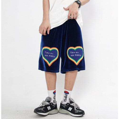 EukaaRu Ins Flocking Love Embroidered Velvet Shorts Mens Street Loose Sports Pants Casual Capris Women Oversized Shorts Street