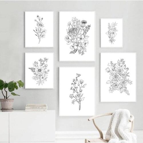 Nordic Minimalist Flowers Plants Sketch Drawing Canvas Prints Wildflowers Botanical Black White Wall Art Pictures Room Decor