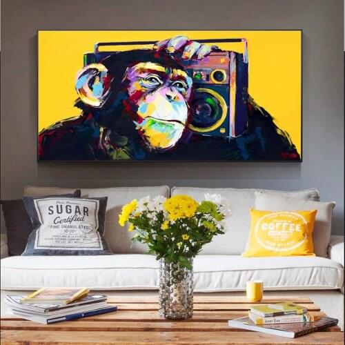 Modern Graffiti Art Monkey Listening Music Canvas Paintings Animals Poster and Prints Wall Art Picture for Room Cuadros Decor