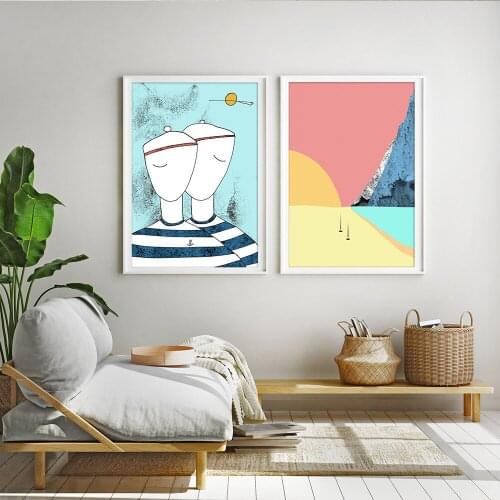 Modern Seascape Art Canvas Printing,Sunset Sunrise, Sailors Illustration Giclee Poster, Beach House Decor,Abstract Wall Picture