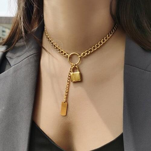 Stylish Padlock Pendant Choker Necklace for Women Girl Curb Cuban Link Chain Name Engraving Tag Charm Gift Jewelry DDN259