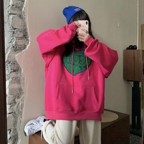 Letter Love Heart Embroidery Hooden Sweatshirts Women Warm Fleece Loose Casual Pullover Hoodies Autumn Winter Fashion Leisure