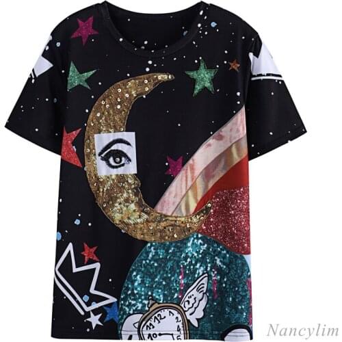 Loose Womens T Shirt Round Neck Heavy Industry Beads Diamond Print Short Sleeve Loose Tees Female Top Camisetas De Mujer