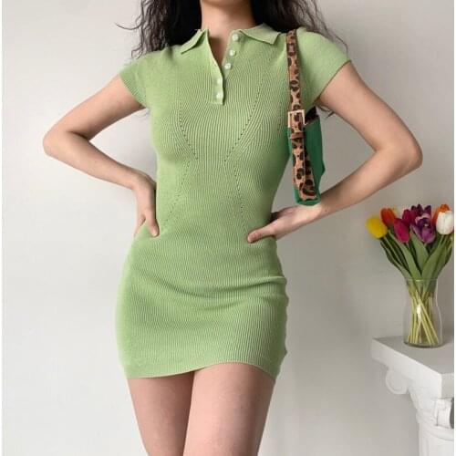 TVVOVVIN Korean Fashion Polo Neck Short Sleeve Slim Solid Color Mini Dress Women Knitted Hollow Out Package Hip Dresses 4V8A