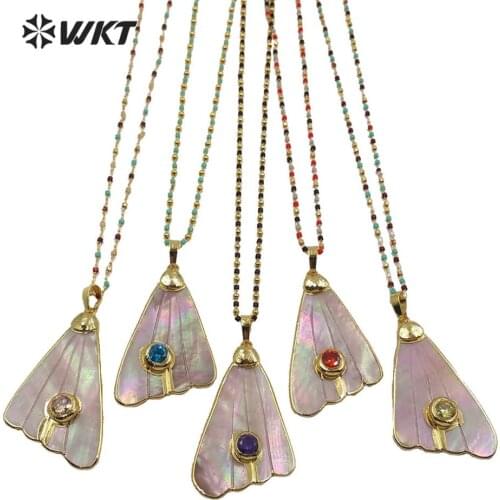 WT-MN963 Wholesale Unique design fashion boho jewelry natural pink shell necklace scallop shape leaf shell with CZ necklace