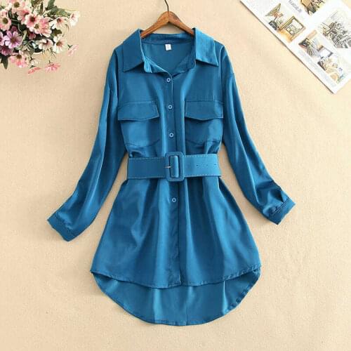2021 New Women Spring Fashion Mid Long Shirts Full Sleeve Single-breasted Tops Female Solid Color Slim Waist Belted Blouse X85
