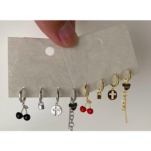 AOMU 4PCS/SET Vintage Gold Silver Color Metal Love Earrings Irregular Geometric Long Cross Cherry Lock Drop Earrings for Wome