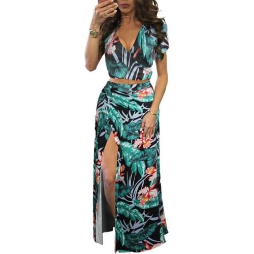 Summer Women Set Classic Printing Long Skirts Women Clothing Set Short V Neck Top + Split Sexy Skirts Beach Casual Skirts Set