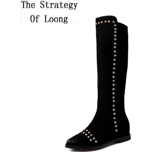 Winter Retro Slim Women Genuine Leather Plush Rivet Knee-High Long Boots Ladies Pointed Toe Shoes 20200313