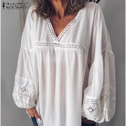 2021 ZANZEA Elegant V Neck Puff Sleeve Lace Blouse Women Summer White Shirts Patchwork Tunic Tops Blusas Mujer Chemise