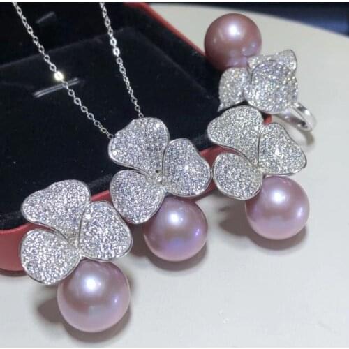 D326 Pearl Sets Fine Jewelry 925 Sterling Silver Natural 12-13mm Fresh Water Light Purple Pearls Females Jewelry Sets