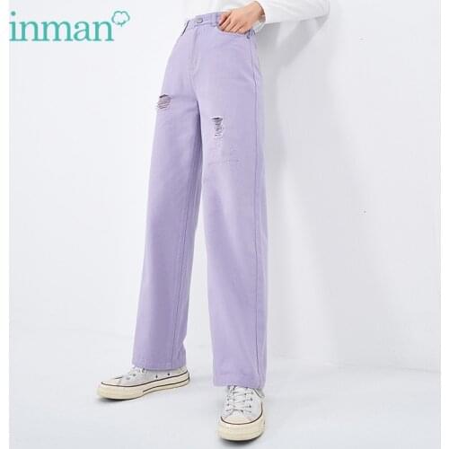INMAN Womens Korean Fashion Jeans Ripped Love Embroidery Literary Boyfriends Casual Female All-match Denim Cropped Trousers