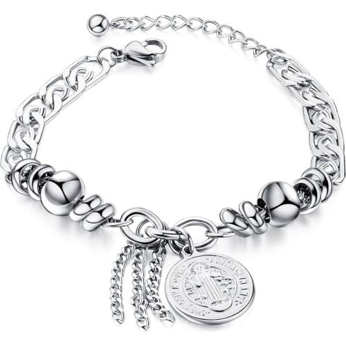 JHSL Brand Women Saint Benedict Bracelet & Bangles Round Charm for Girls Fashion Jewelry Stainless Steel High quality
