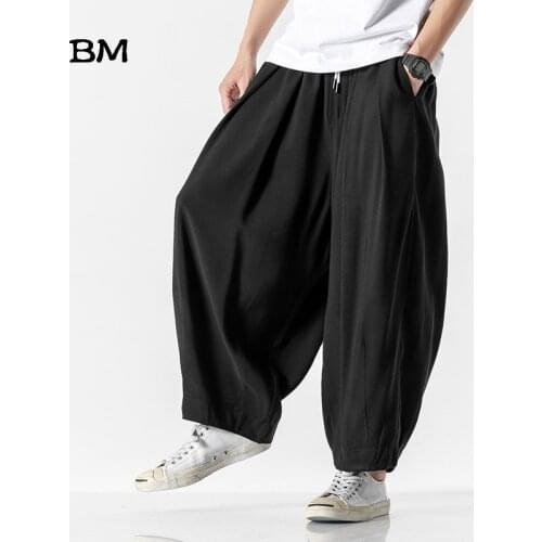 Summer Linen Pants Wide Legs Male Chinese Style Wide Leg Pants Fashion Plus Size Bloomers 5XL Casual Nine Point Pants Men