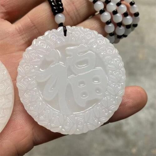 Hot selling natural hand-carve Afghan White Jade Fuyu Brand Lucky Character NecklacePendant fashion jewelry Men Women Luck Gifts