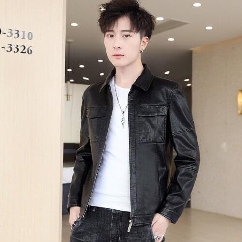 2021 spring autumn Lapel Leather Mens Korean slim fit trend leather jacket cool locomotive casual coat