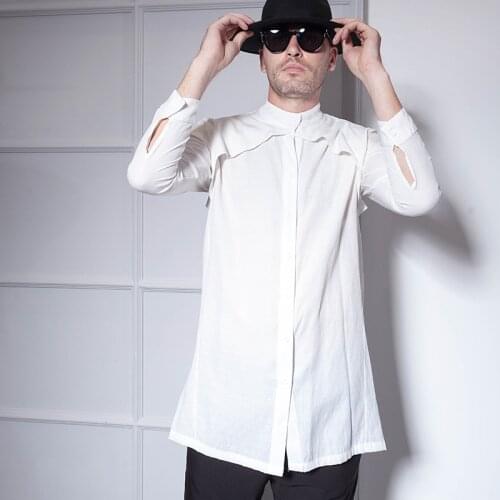 Mid-length mens shirt Slim autumn long-sleeved shirt personality European and American hip-hop comfortable casual nightclub sta