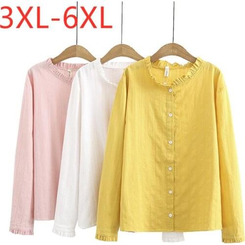 New 2021 Ladies Spring Autumn Plus Size Top For Women Large Long Sleeve Loose Jacquard Weave Yellow Cotton Shirt 3XL 4XL 5XL 6XL