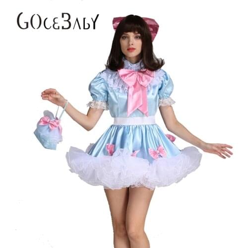 Sissy Girl Lockable Maid Bow Dress Stain Puffy Crossdress Uniform Cosplay Costume