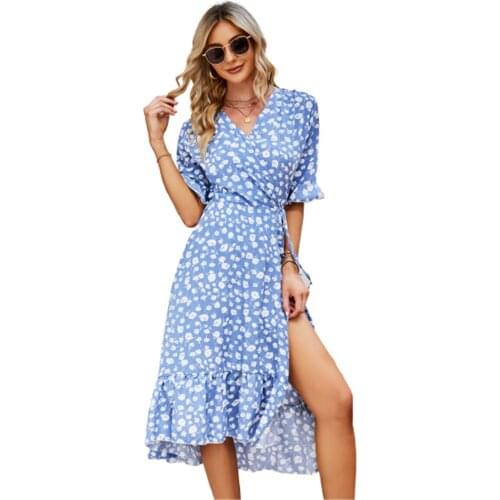 Spring Summer Boho Beach Casual Long Dress Elegant Chiffon Floral Print Ruffles A-line Dress Sexy Side Split Maxi Dress Vestidos
