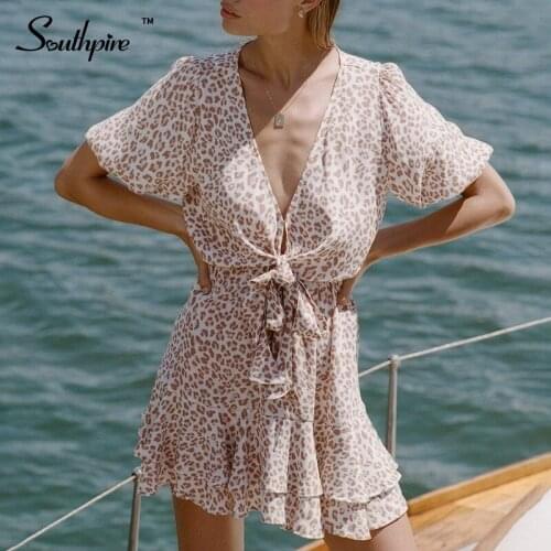 Southpire Leopard Print Short Sleeve Beach dress Womens Front Lace Up Mini Party Dresses A-Line Sexy V-Neck Ladies Clothes