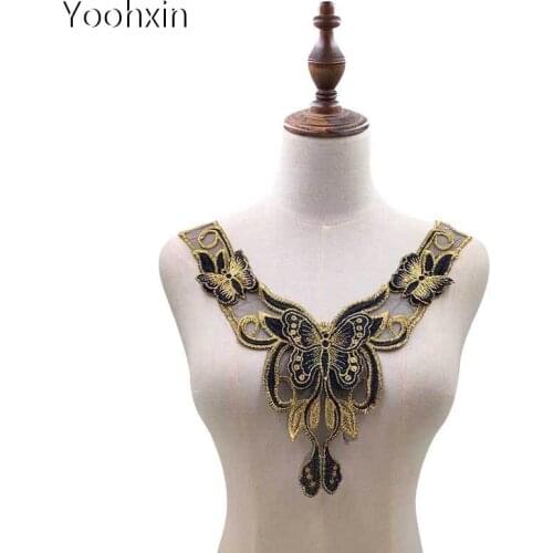 Luxury flower gold mesh embroidery DIY lace collar Fabric Sewing Applique ribbon trim neckline guipure craft dress wedding decor