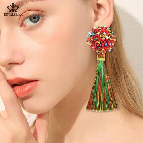 ROYALBEIER Seed Beads Long Tassel Earrings Handmade Weaving Drop Earrings Boho Statement Fashion Jewelry Ethnic Bijoux ES0365