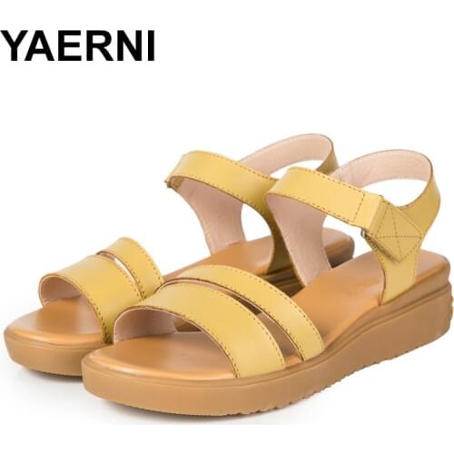 YAERNI Genuine Leather Women Flats Beach sandals shoes ladies Platform Sneakers Flip Flop shoe summer Fashion Mid Heel footwear