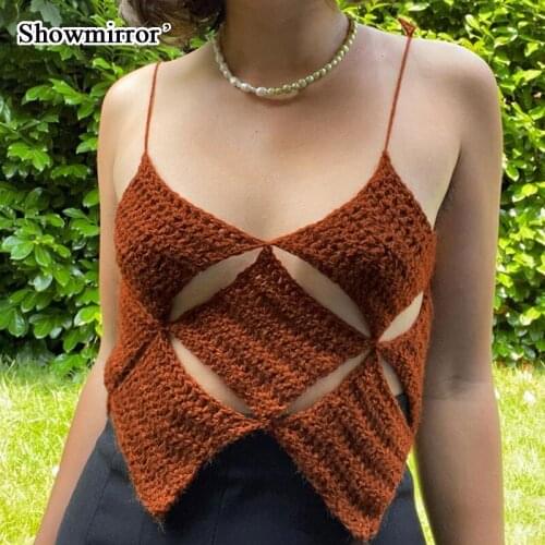 ShowmirrorRetro Style Short Sling Top Knitted Fabric Diamond Hollow Lace Design Camisole For Women Casual Wear Clothes