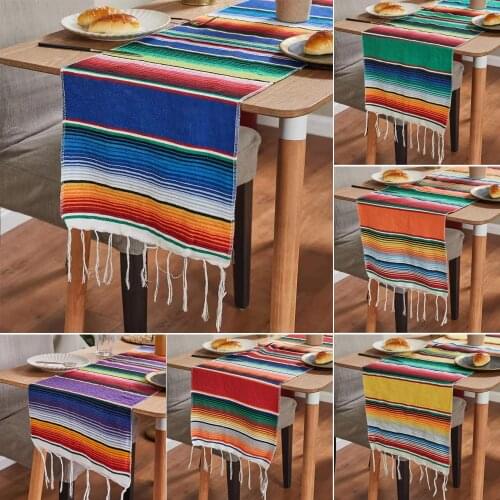 Rainbow Stripe Table Runner Mexican Style Tassel Table Runners Fashion Rustic Wedding Party Cotton Tablecloth Flag 35x215cm