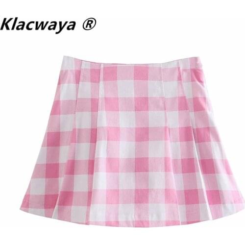 Klacwaya Women 2021 Fashion Plaid Skirt 100% Cotton Side Zipper High Waist Female Chic Mini Culottes Skirts