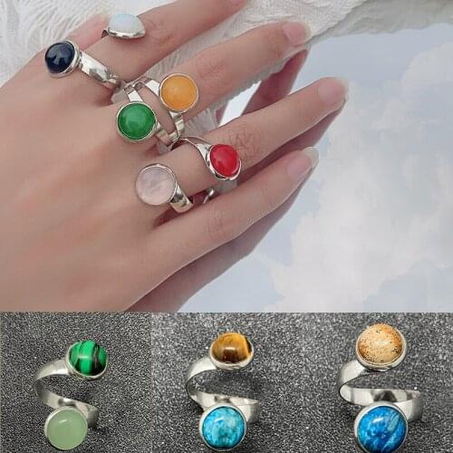 2021 New Boho Natural Stone Wedding Rings for Women Adjustable Mix Color 10mm Gemstone Amethyst Opal Obsidian Open Ring Gifts